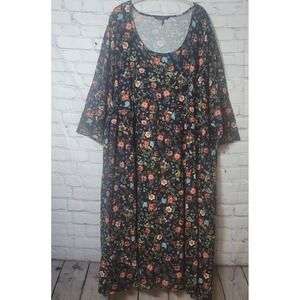 Ulla Popken Womens Plus Size 36/38 Black Floral Cotton Jersey Maxi Dress Modest